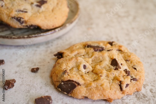 Homemade thick Chocolate chunk cookies, selective focus
