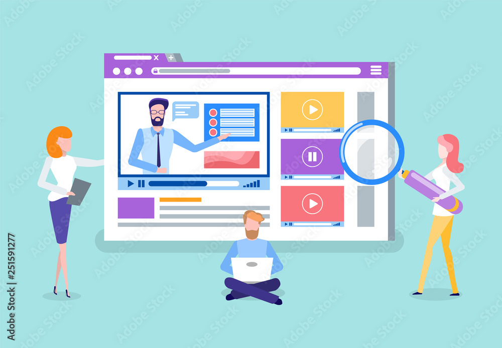 Workers analyzing website with tools vector. Tutoring video, online courses page with tutor. Man working on laptop, developing site for students users Workers analyzing website with tools vector. Tutoring video, online courses page with tutor. Man working on laptop, developing site for students users