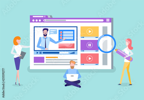Workers analyzing website with tools vector. Tutoring video, online courses page with tutor. Man working on laptop, developing site for students users