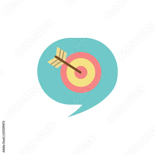 Target with arrow in chatting box vector, aim in thought bubble isolated icon. Dartboard with bullseye and perfect shot, strategy of company, business goal