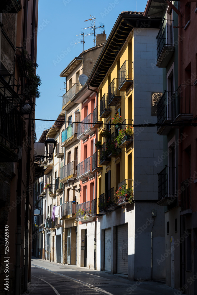 Atmospheric medieval street in the old town, Estella, Navarre region, Northern Spain