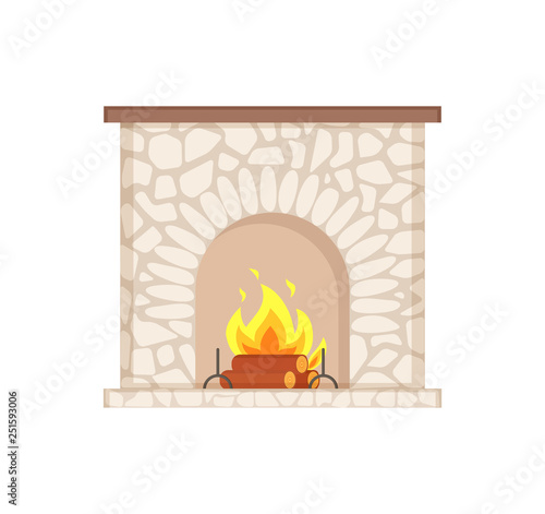 Luxury bonfire, flame and logs, home interior furniture piece. Stone fireplace with burning firewoods, granite bonfire hearth vector isolated icon
