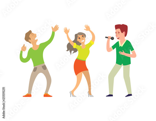Music singer and people dancing in club isolated vector. Male and female couple, vocalist holding microphone, young clubbers male and female partying