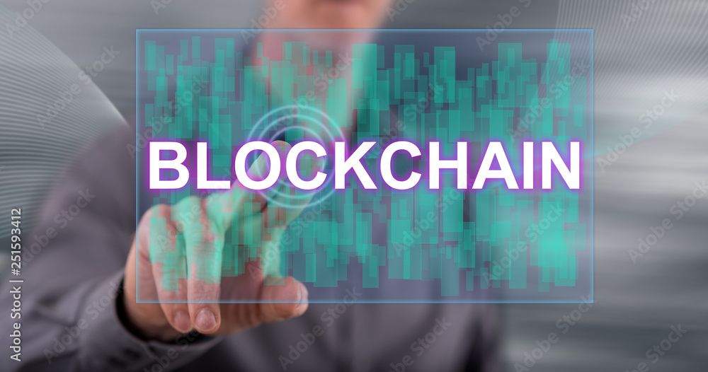 Man touching a blockchain concept Man touching a blockchain concept