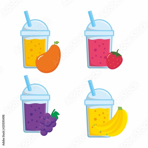 Set of juice with plastic cup on isolated background 