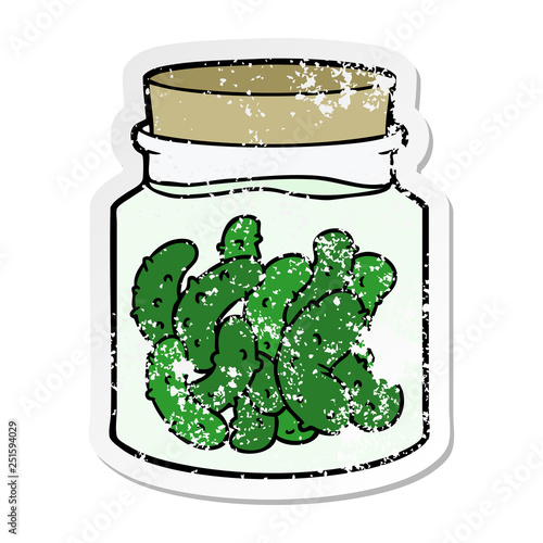 distressed sticker of a cartoon pickled gherkins