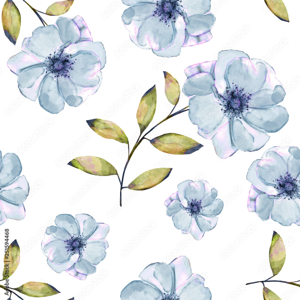 Fototapeta Bezszwowy tło z kwiatami i liśćmi. Kwiatowy wzór na tapetę, papier i tkaninę. Wzór akwarela. Niebieskie kwiaty na białym tle.