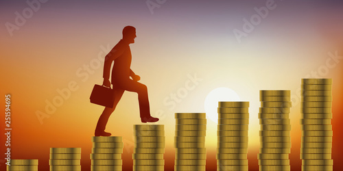 Concept de l’appât du gain avec l’ascension d’un homme d’affaires qui monte un escalier fait de pièces de monnaie, symbolisant le fait de gagner de l’argent.
