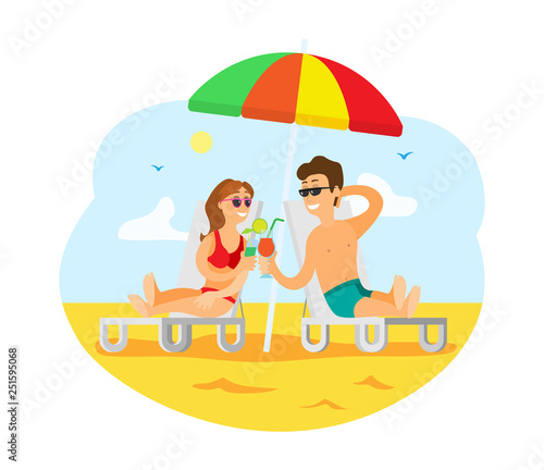 Couple relaxing by seaside together vector, summer vacation of people. Man and woman drinking cocktail laying under colorful umbrella on chaise longue