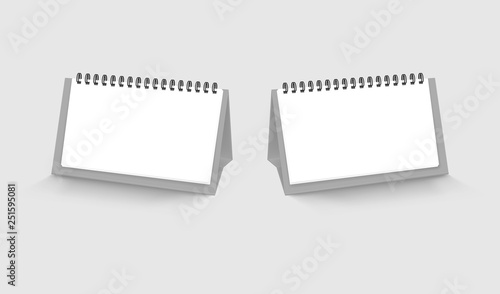 Blank desk horizontal spiral calendars with clean paper sheets, vector template