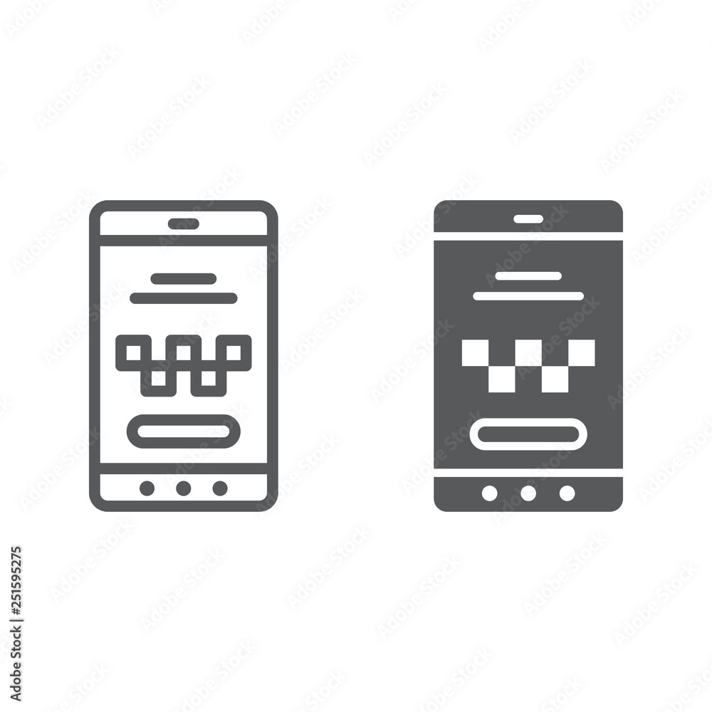 Taxi mobile app line and glyph icon, taxi and service, smartphone sign, vector graphics, a linear pattern on a white background. Taxi mobile app line and glyph icon, taxi and service, smartphone sign, vector graphics, a linear pattern on a white background.