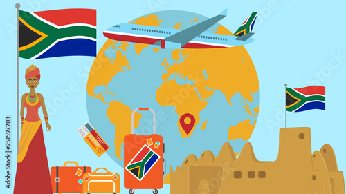 Welcome to South Africa postcard. Travel and safari concept of Africa world map vector illustration with national flag welcome background