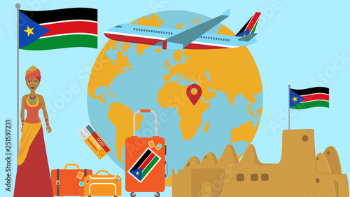 Welcome to South Sudan postcard. Travel and safari concept of Africa world map vector illustration with national flag welcome background