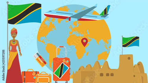 Welcome to Tanzania postcard. Travel and safari concept of Africa world map vector illustration with national flag welcome background
