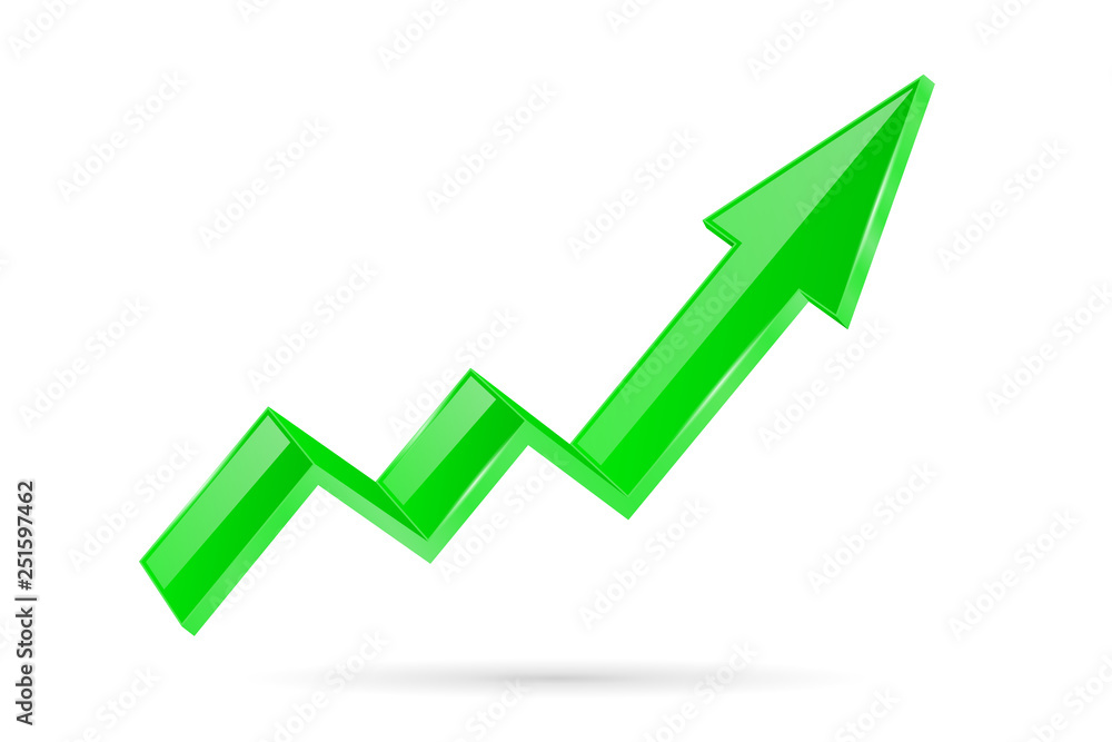 Green indication arrow. Moving up 3d financinal sign Green indication arrow. Moving up 3d financinal sign