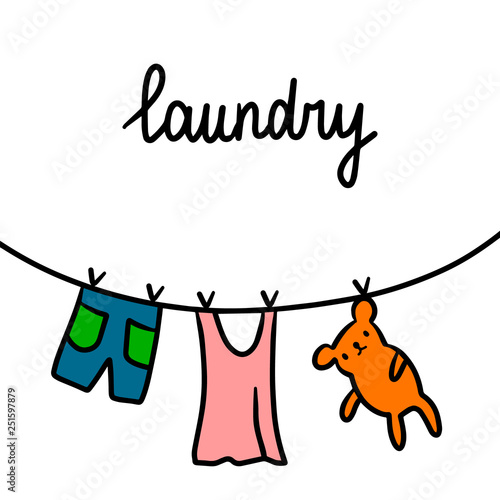 Laundry hand drawn illustration with wet clothes outside