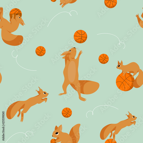Cartoon set, seamless pattern with playful squirrels plaing in basketball