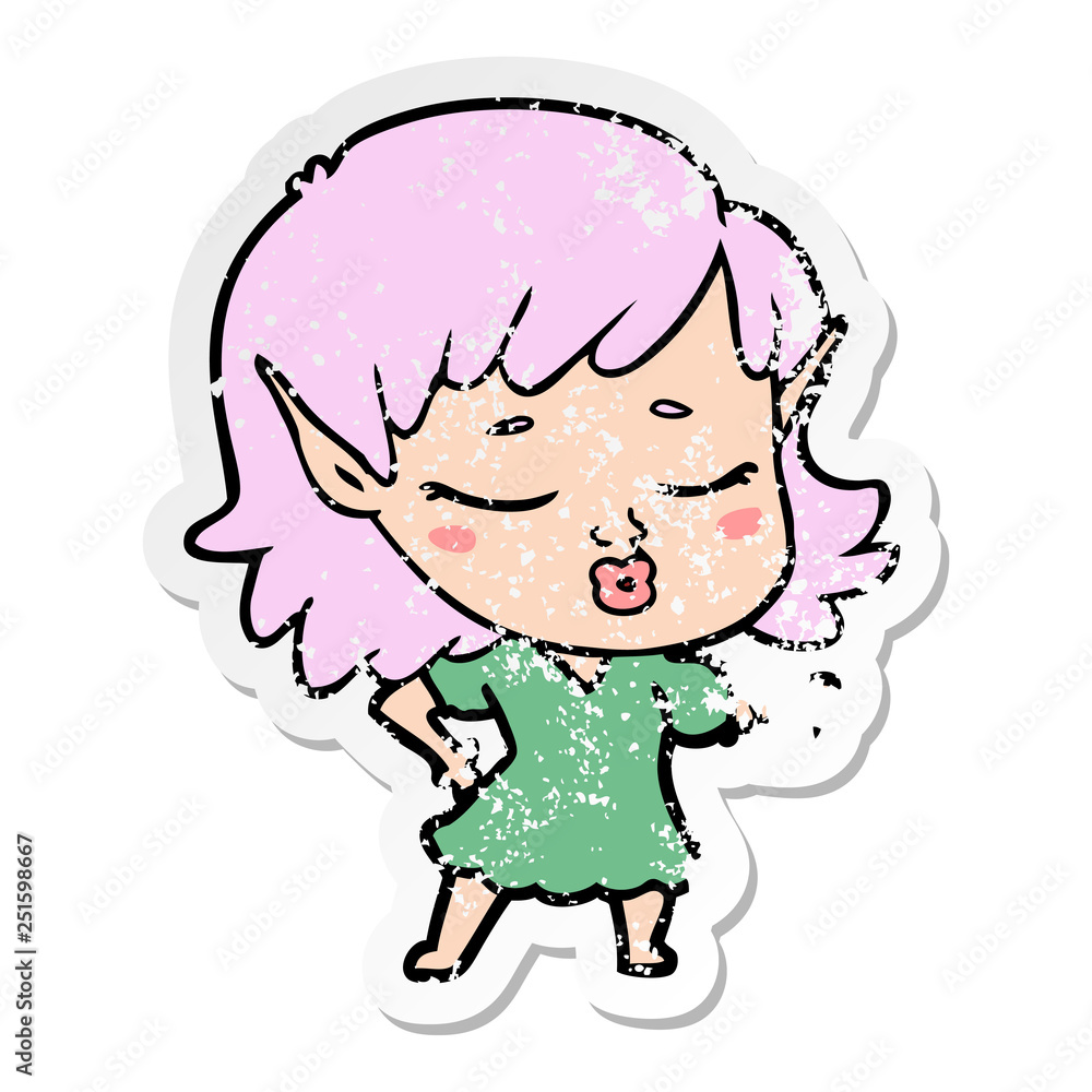 Fototapeta premium distressed sticker of a pretty cartoon elf girl