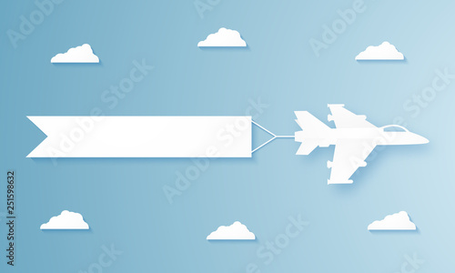 Flying fighter plane pulling advertising banner , paper art style