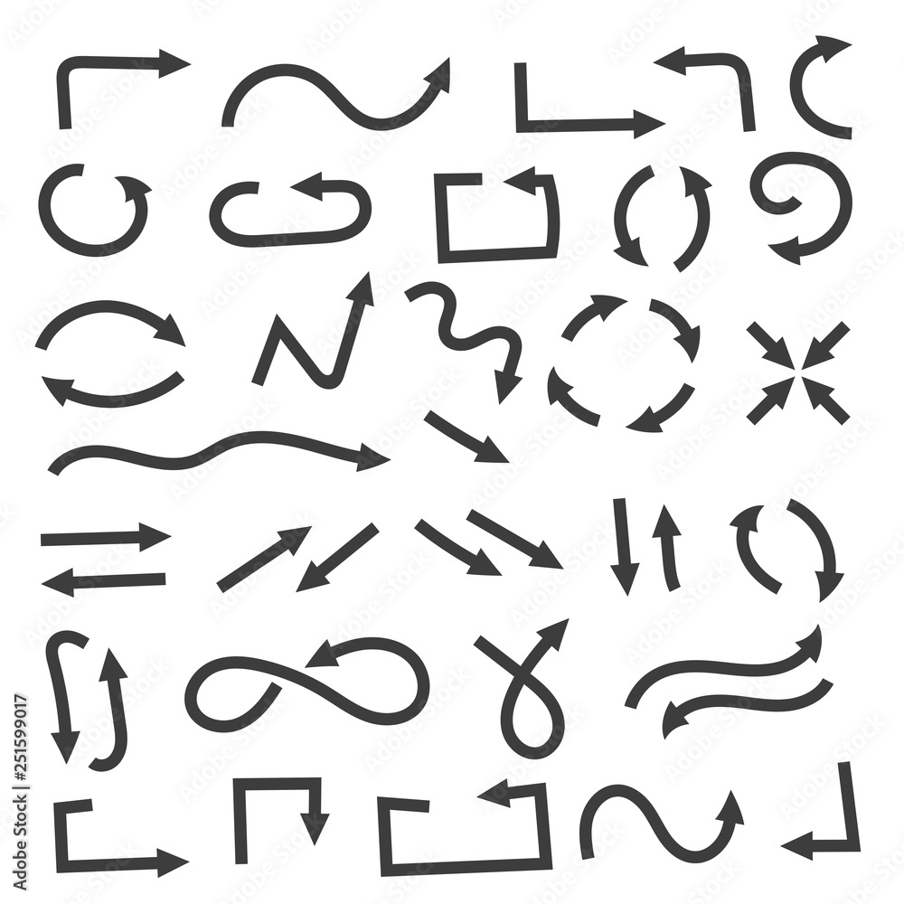 Bent arrows. Hand drawn flat black icons Bent arrows. Hand drawn flat black icons