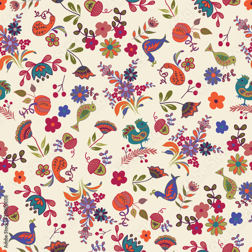 Seamless pattern with Flowers, Acorns, Pumpkins and Birds