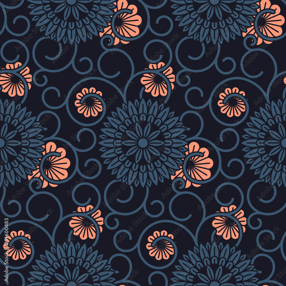seamless vector dark pattern with ornamented circles and flourish. seamless template in swatch panel