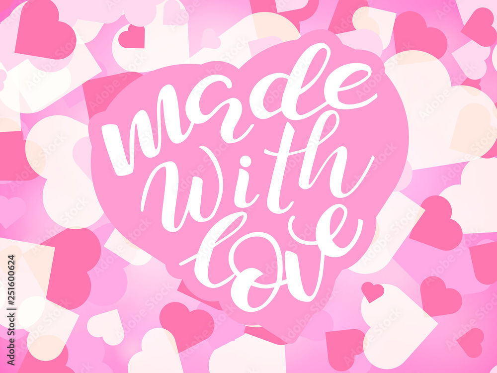 Heart with Made with love lettering. Sticker for newborn or hand made product, clothes. Vector illustration
