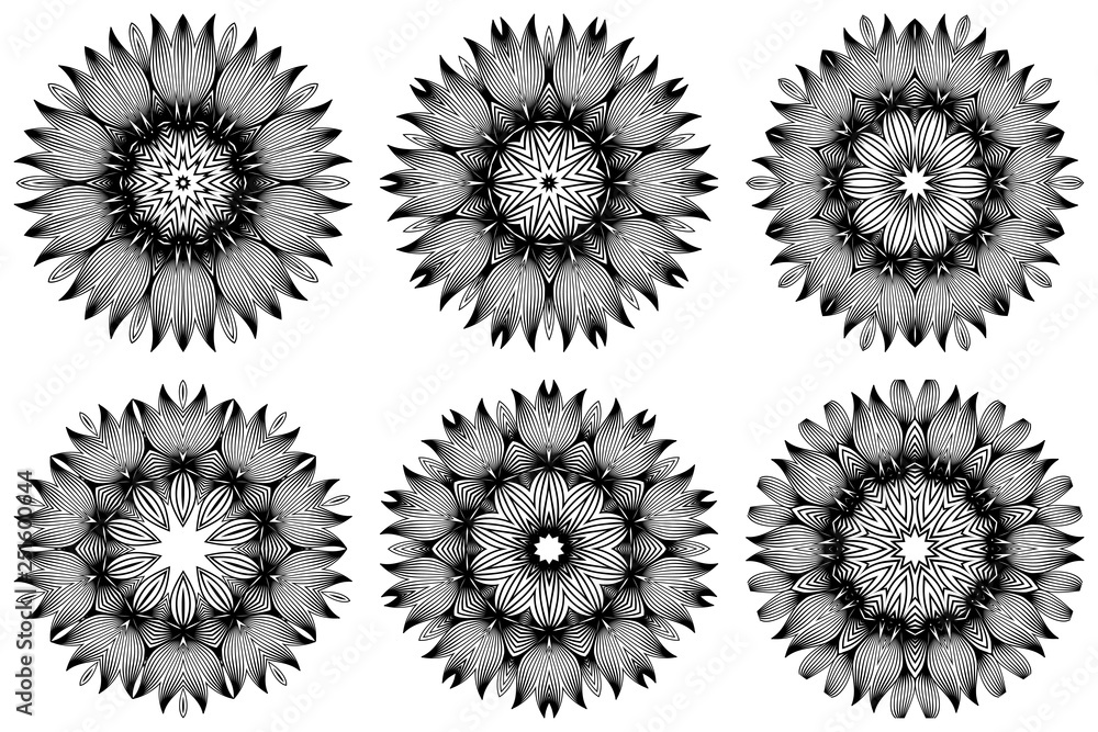 Set of Pattern Of Mandala . Vector Illustration. Modern Decorative Floral Color Mandala. Decorative Cicle Ornament. Floral Design. Black white color Set of Pattern Of Mandala . Vector Illustration. Modern Decorative Floral Color Mandala. Decorative Cicle Ornament. Floral Design. Black white color