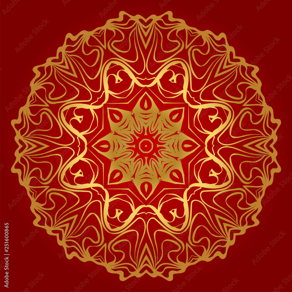 Round Floral Ornament Mandala. Vector Illustration.. For Home Decor, Interior Design, Coloring Book, Greeting Card, Invitation, Tattoo. Anti-Stress Therapy Pattern. Red, gold color