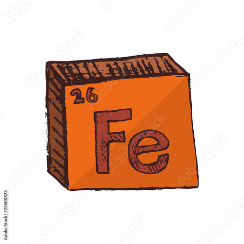 Vector three-dimensional hand drawn chemical symbol of iron or ferrum with an abbreviation Fe from the periodic table of the elements isolated on a white background.