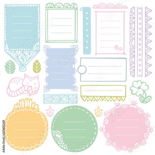 Bullet journal hand drawn vector elements for notebook, diary and planner. Doodle frames set isolated on white background. 