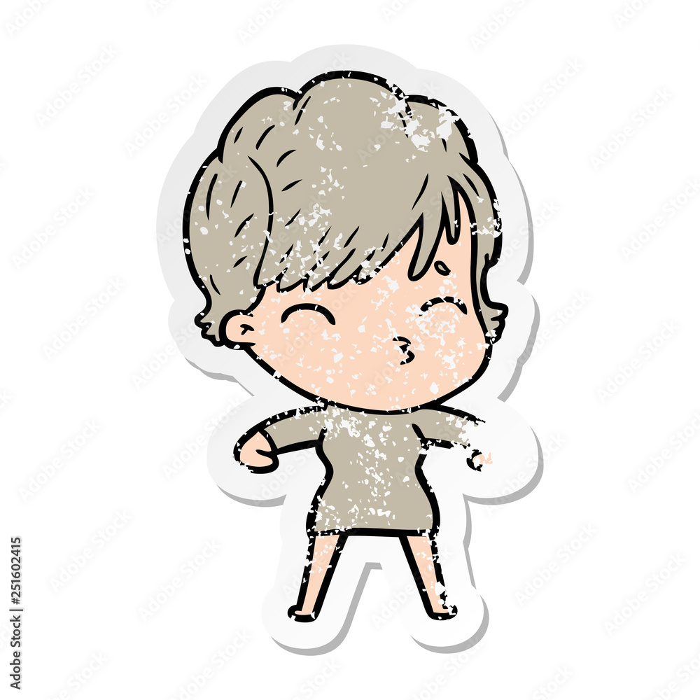 distressed sticker of a cartoon woman thinking distressed sticker of a cartoon woman thinking