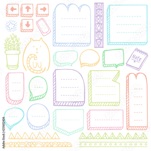 Bullet journal hand drawn vector elements for notebook, diary and planner. Doodle frames set isolated on white background. 