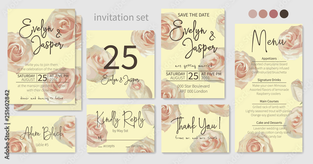Wedding invitations set, floral invitations, table, note, menu, thank you, rsvp card design. Pink rose flowers. Vector elegant watercolor pattern, template Wedding invitations set, floral invitations, table, note, menu, thank you, rsvp card design. Pink rose flowers. Vector elegant watercolor pattern, template