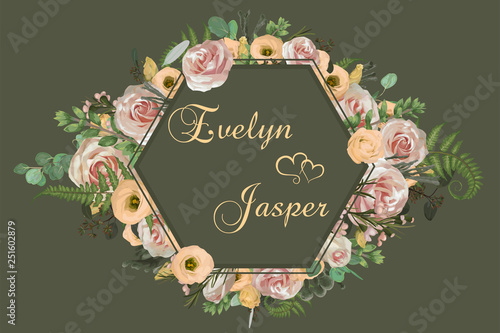 Wedding horizontal floral invitation, invite card. Vector watercolor set pink rose flowers, eustoma cream, brunia, green fern, eucalyptus, branches buxus. Decorative frame