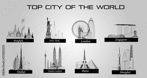 Top cities in the world such as Bangkok, New York, Paris, Kuala Lumpur, Shanghai, London, Dubai #251603203
