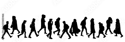 Silhouettes of people walking  men  women  children  the elderly in various poses  wearing warm winter or autumn clothes.