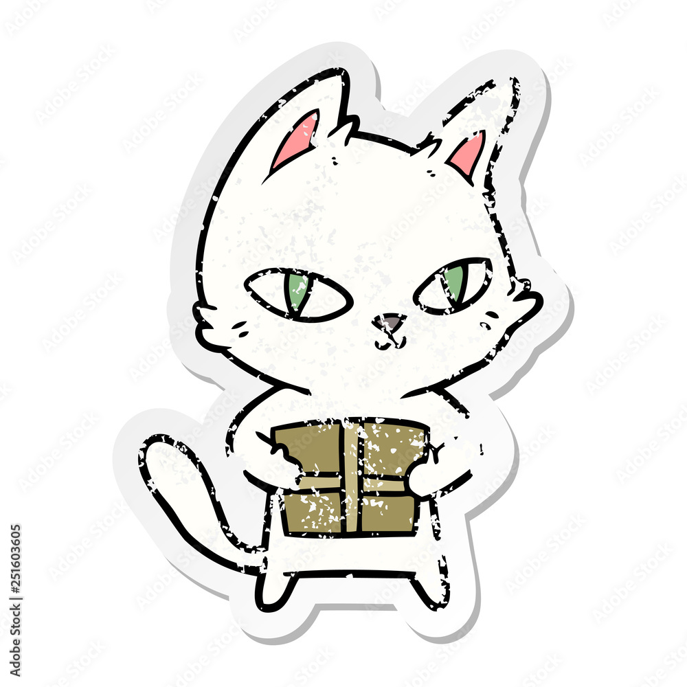 distressed sticker of a cartoon cat holding parcel distressed sticker of a cartoon cat holding parcel