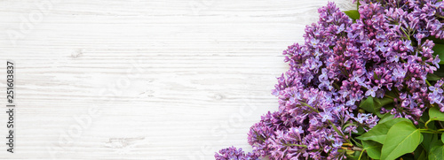 A bouquet of lilac flowers on a white wooden surface  overhead view. Copy space. Top view  flat lay.