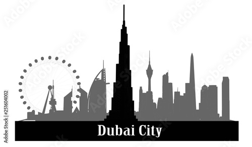 Fotografija Black and white vector illustration, Dubai city building, United Arab Emirates