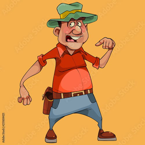 cartoon talking man in a hat with a waist bag