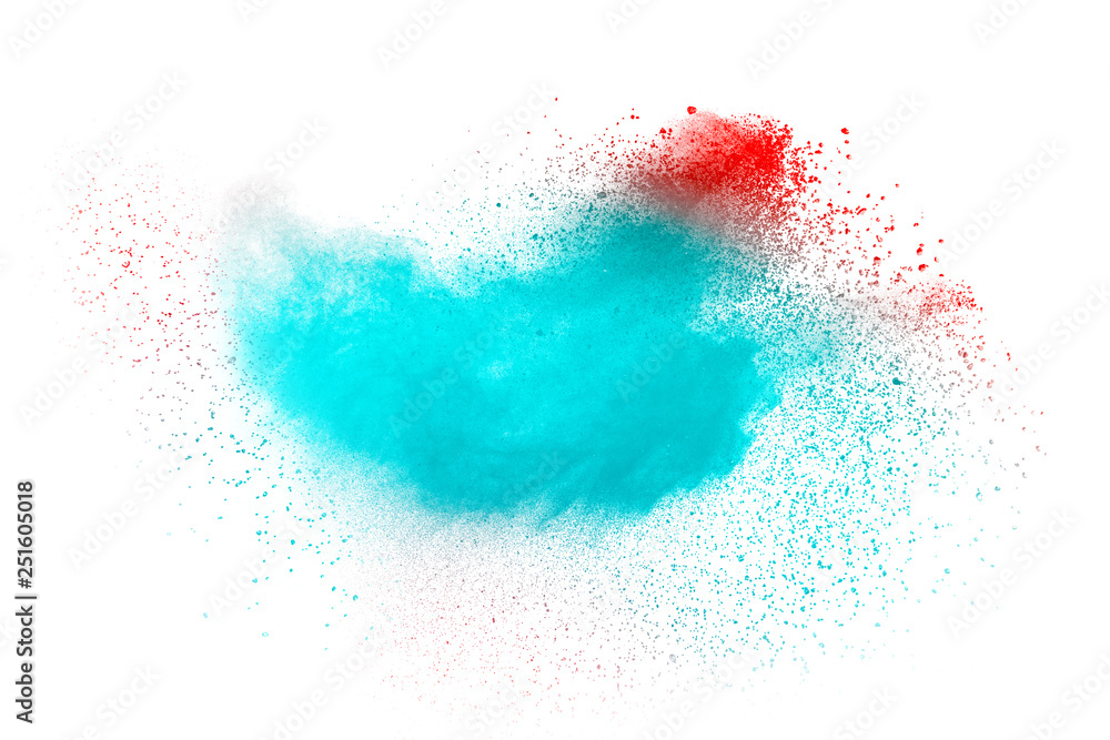 Abstract blue red dust explosion on white background. Freeze motion of blue red particles splashing. Painted Holi in festival. Abstract blue red dust explosion on white background. Freeze motion of blue red particles splashing. Painted Holi in festival.