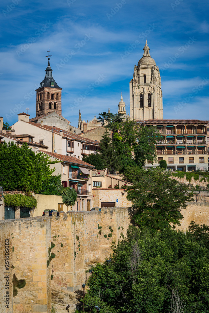 Cityscape including the ramparts and the bell tower of the Cathedral, Segovia, Castilla y Leon, Spain