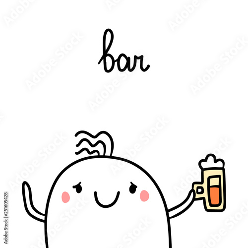 Bar hand drawn illustrationwith cute marshmallow drinking beer