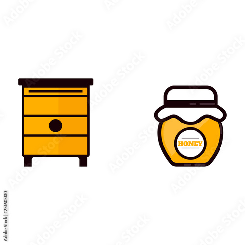 cartoon jar with honey and label and beehouse vector photo