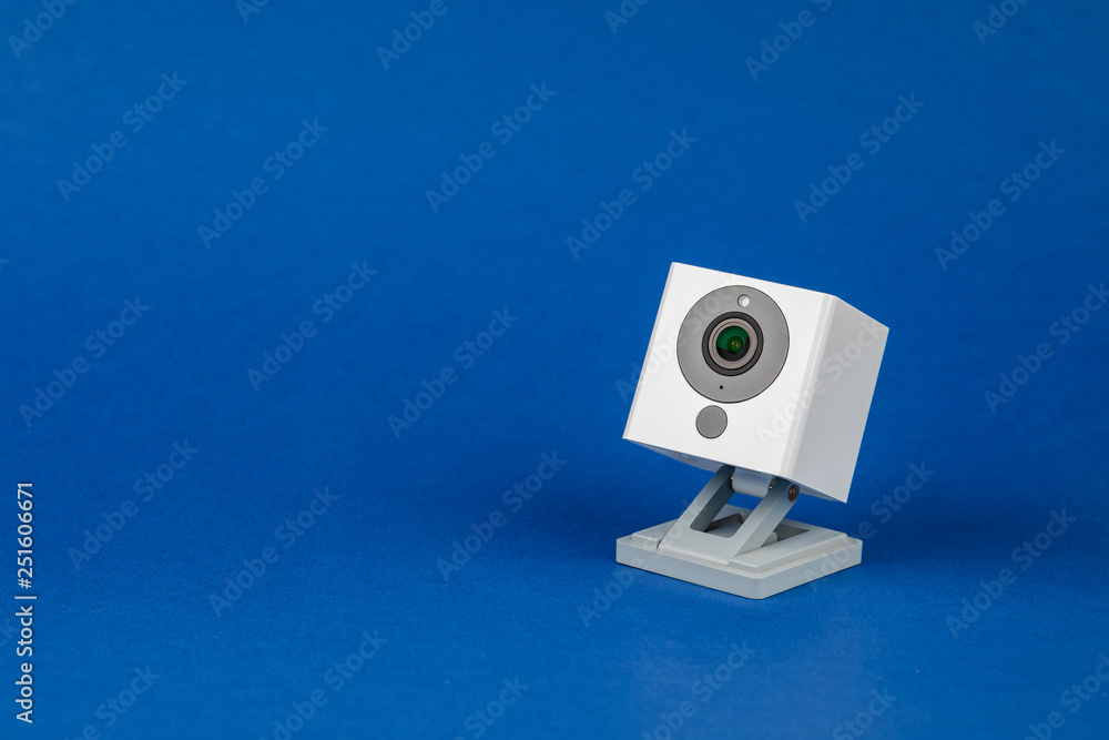 white webcam on blue background, object, Internet, technology concept white webcam on blue background, object, Internet, technology concept