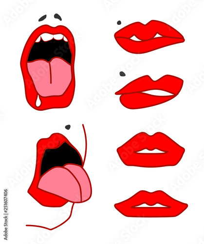 Set of sexy lips  open mouth with tongu  expressing different emotions. Vector isolated on white background 