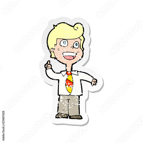 retro distressed sticker of a cartoon school boy raising hand