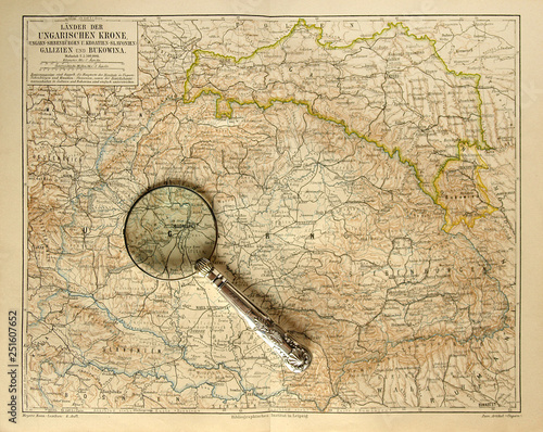 Canvas Print Old map of Hungarian Empire with magnifying glass