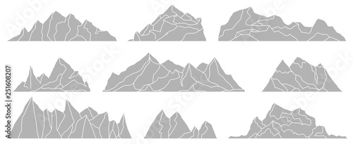 Mountains silhouettes isolated on the white background. Panoramas of rocks. Vector set for landscape design.